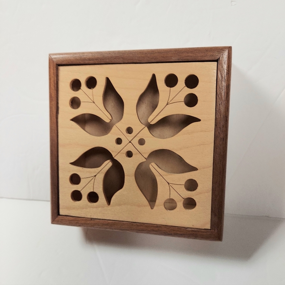 Two-tone Wood Trinket Box, Keepsake, Potpourri Box Hand Made, Scroll Saw Top